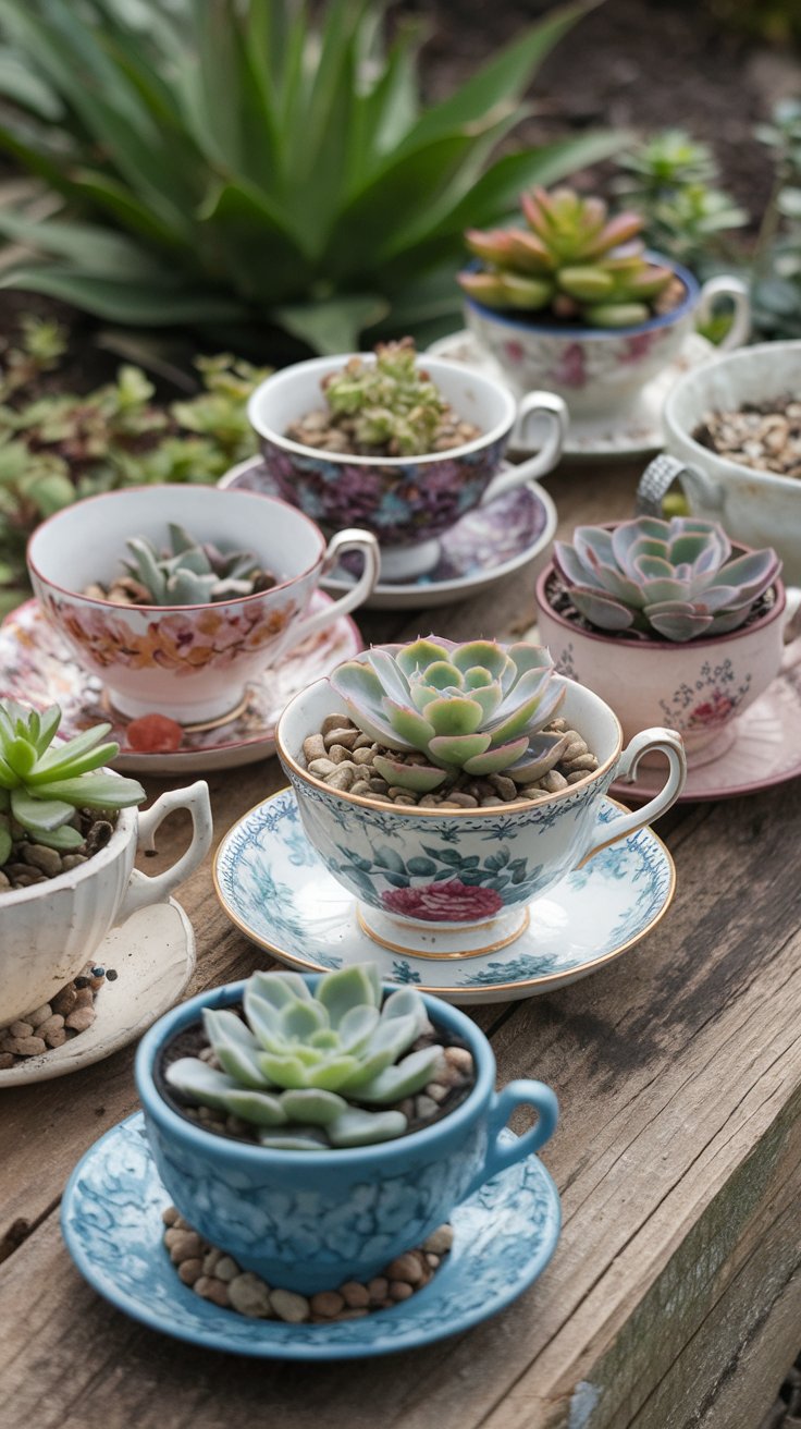 Recycled Garden Decor - Vintage Teacup Planters for Recycled Garden Decor