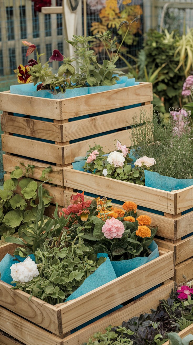 Repurposed Wooden Crates as Flower Beds