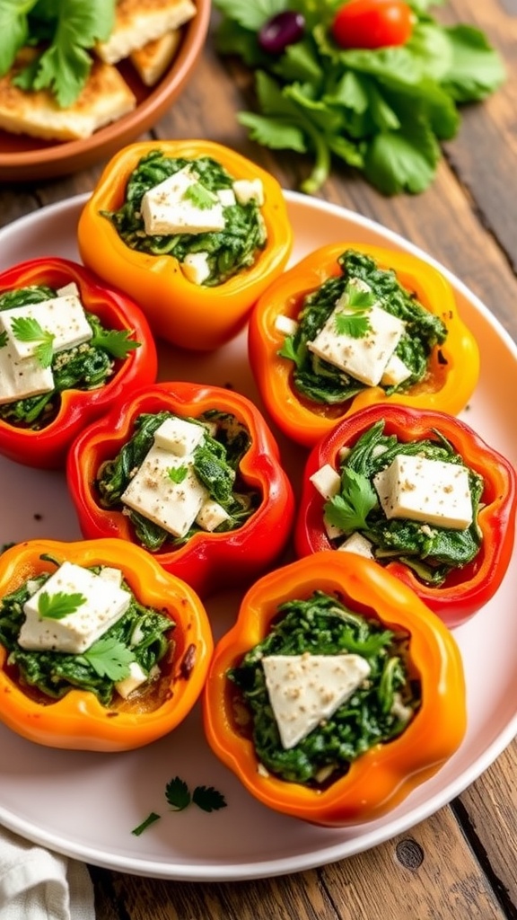 Savory Spinach and Feta Stuffed Bell Peppers Recipe Stuffed bell peppers with spinach and feta cheese, garnished with parsley, served on a rustic table.