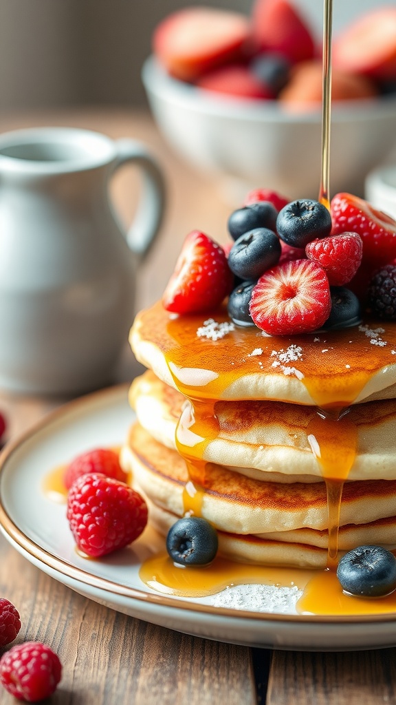 A plate of almond flour pancakes topped with fresh strawberries, blueberries, and syrup.