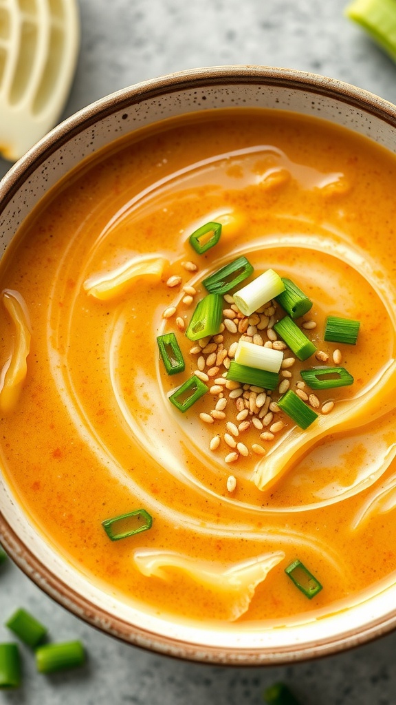 A bowl of creamy Asian-inspired cabbage soup garnished with green onions and sesame seeds.