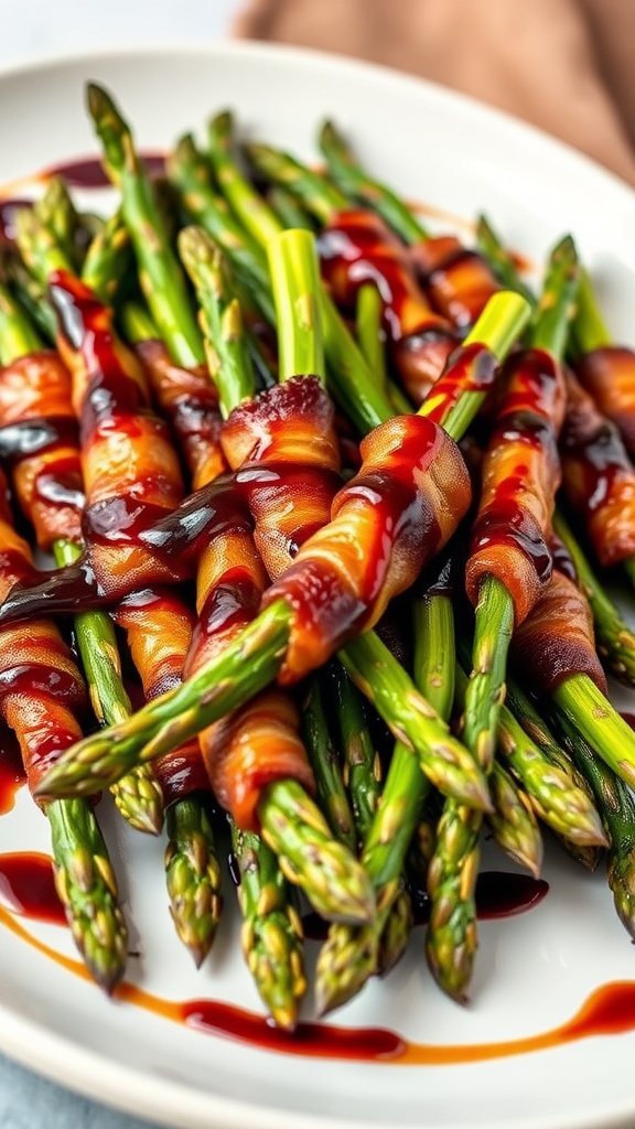 Plate of bacon-wrapped asparagus drizzled with sauce