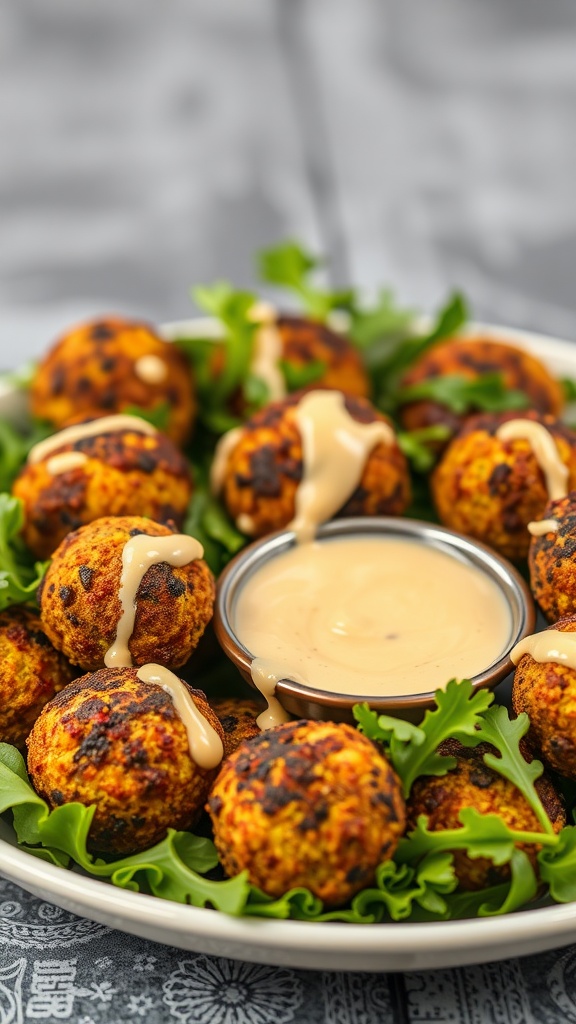 Baked falafel balls drizzled with tahini sauce on a platter with greens