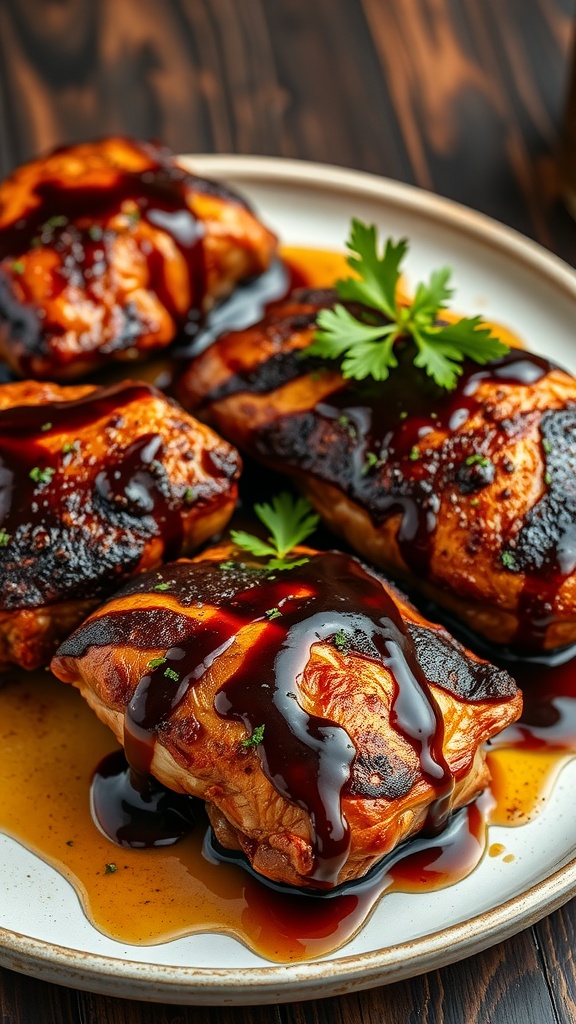 Delicious balsamic glazed chicken thighs on a plate with sauce and garnish.