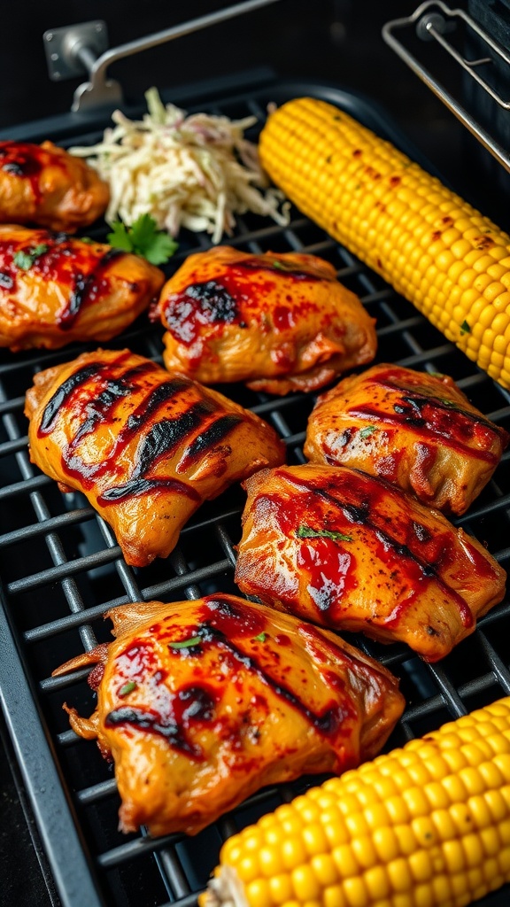 Grilled BBQ chicken thighs with corn and slaw on the grill