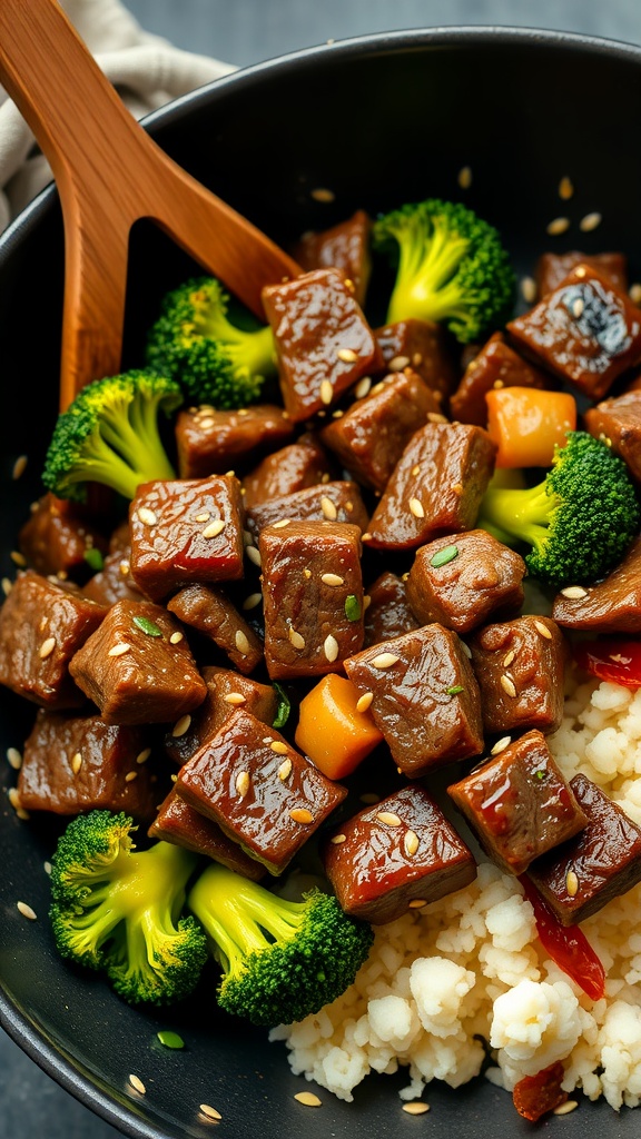 A bowl of Beef and Broccoli Stir-Fry featuring pieces of beef and broccoli.