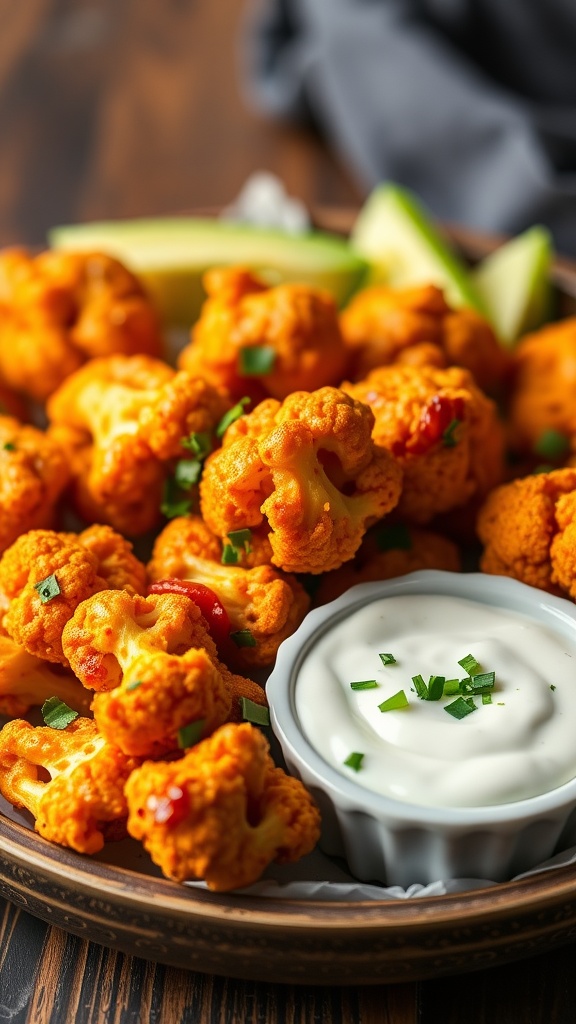 A plate of crispy buffalo cauliflower bites served with a creamy dipping sauce and garnished with fresh herbs.
