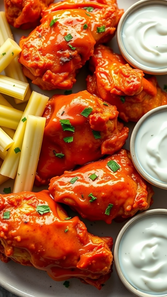 Buffalo chicken thighs with celery sticks and dipping sauces