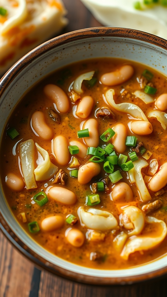 A bowl of cabbage and bean soup garnished with green onions.