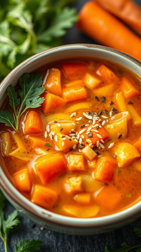 A bowl of colorful cabbage and carrot soup garnished with herbs.