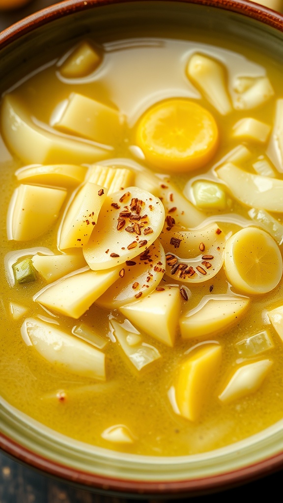 A bowl of cabbage and celery soup with lemon slices and herbs