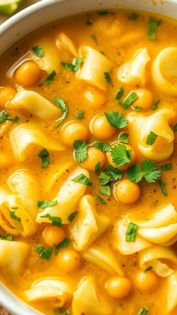 A bowl of Cabbage and Chickpea Soup with fresh herbs