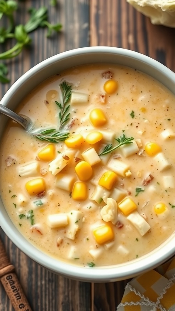 A bowl of Cabbage and Corn Chowder with yellow corn, diced potatoes, and herbs on top