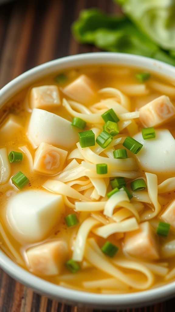 A bowl of cabbage and egg drop soup with noodles and green onions.