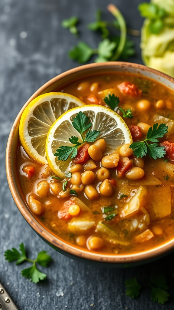 A bowl of cabbage and lentil soup with lemon slices and fresh herbs.
