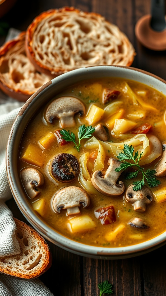 A bowl of cabbage and mushroom soup with slices of bread on the side.