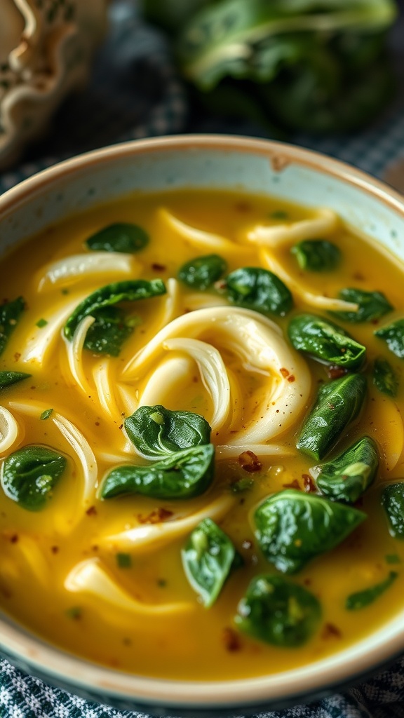A bowl of cabbage and spinach soup with a bright yellow broth and green spinach leaves.