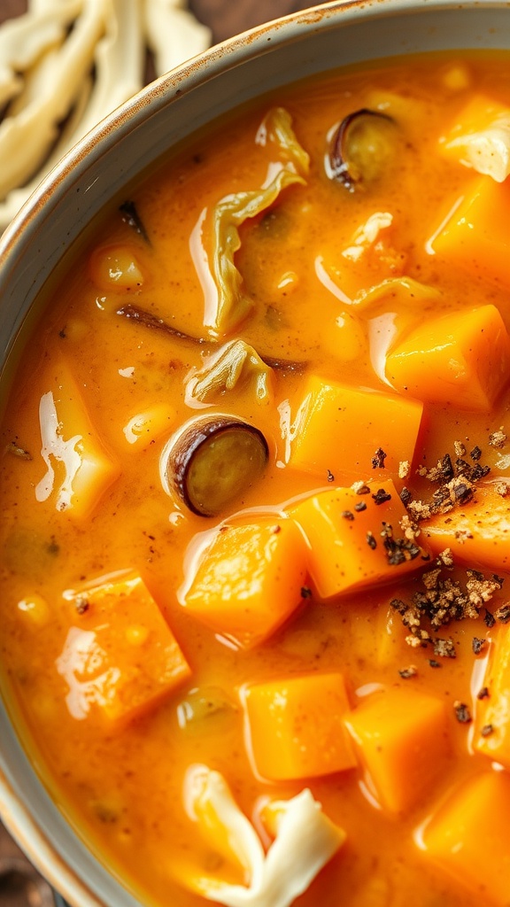 Bowl of cabbage and sweet potato soup with vibrant ingredients