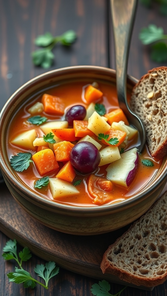 A bowl of colorful cabbage and vegetable medley soup with bread on the side