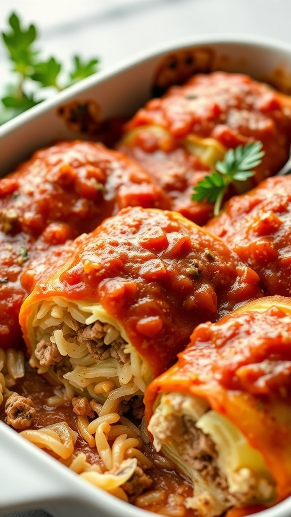 A hearty cabbage roll casserole topped with tomato sauce and parsley