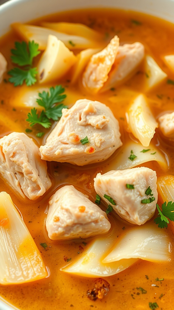 A close-up of a bowl of cabbage soup with chicken and pasta, garnished with parsley.