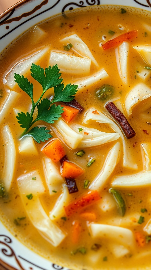 Bowl of cabbage soup with herbs and vegetables