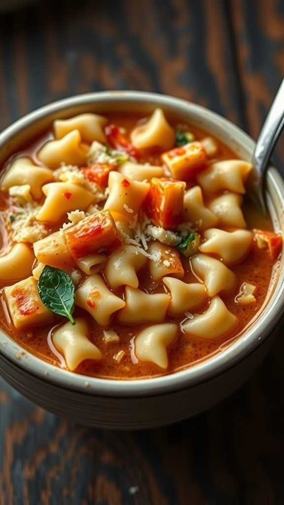 A bowl of cabbage soup with pasta and vegetables