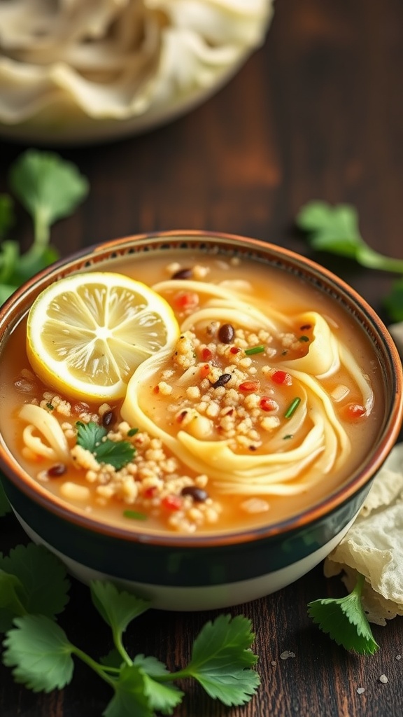 A bowl of Cabbage Soup with Quinoa, garnished with lemon slices and herbs