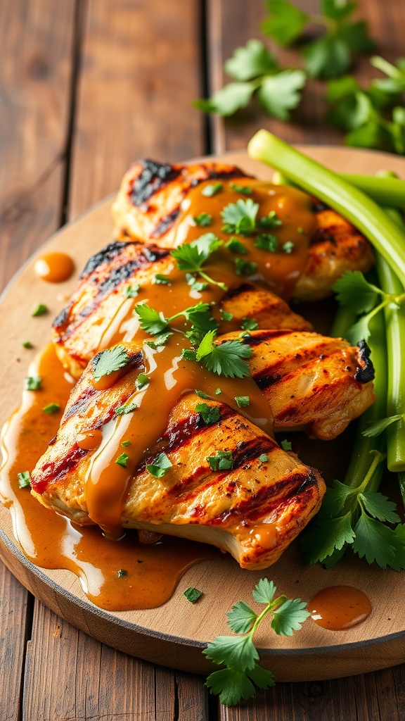 Grilled chicken thighs with chimichurri sauce garnished with cilantro and served with celery