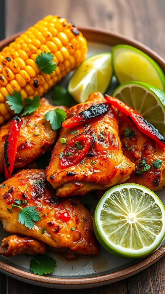 Grilled chili lime chicken thighs with corn and lime slices on a plate