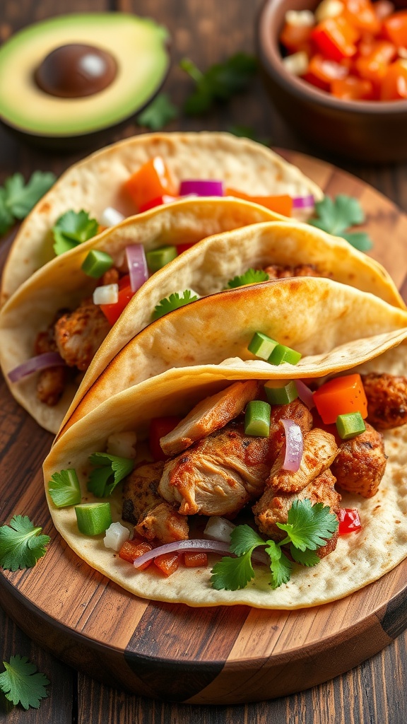 Three delicious Chipotle chicken thigh tacos on a wooden plate, topped with fresh vegetables and cilantro.