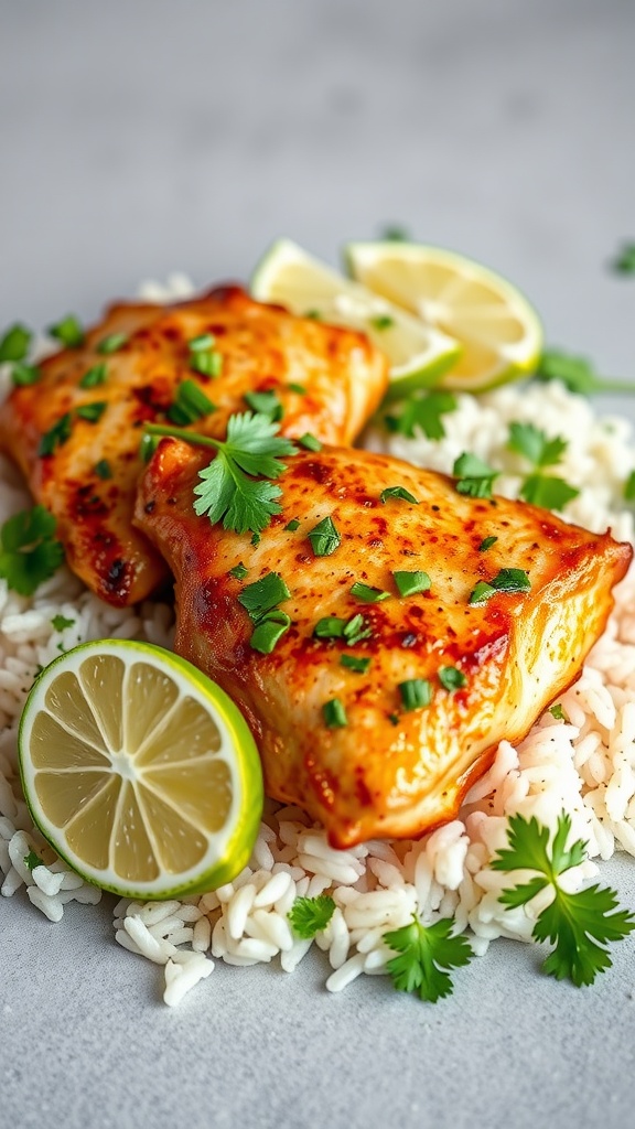 Cilantro lime chicken thighs garnished with cilantro and lime, served on rice.