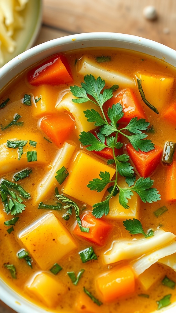 A bowl of classic cabbage soup filled with colorful vegetables and garnished with parsley.