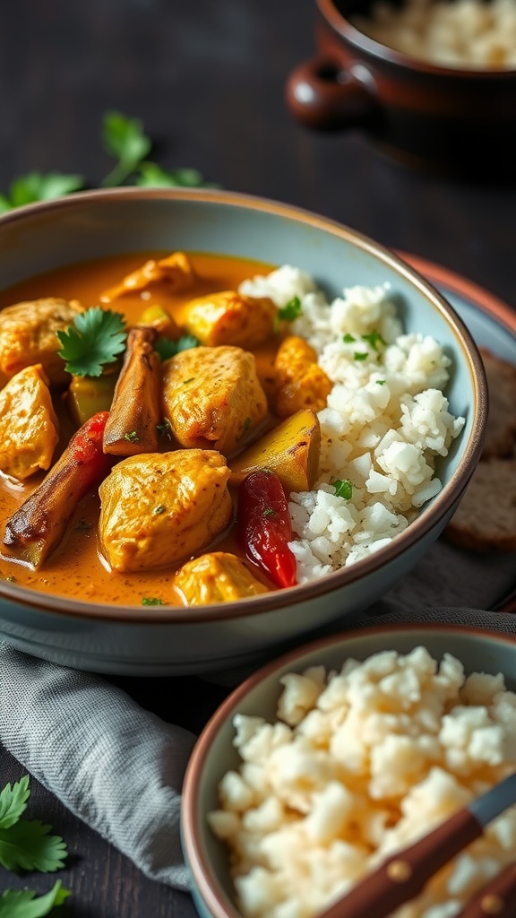 A bowl of Coconut Curry Chicken with chicken pieces, vegetables, and cauliflower rice