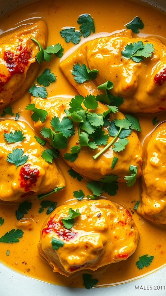 Tender coconut curry chicken thighs in a creamy sauce garnished with cilantro.