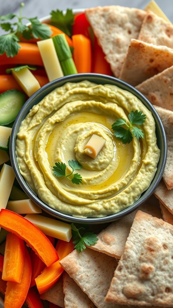 A bowl of creamy avocado hummus surrounded by fresh vegetables and pita chips