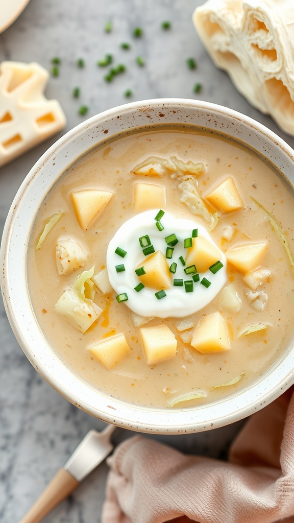 A bowl of creamy cabbage and potato soup garnished with chives and sour cream.