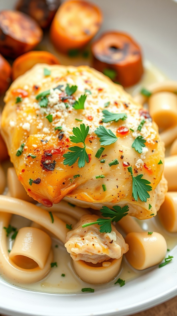 Creamy garlic parmesan chicken with parsley on top, served with pasta-like vegetables.