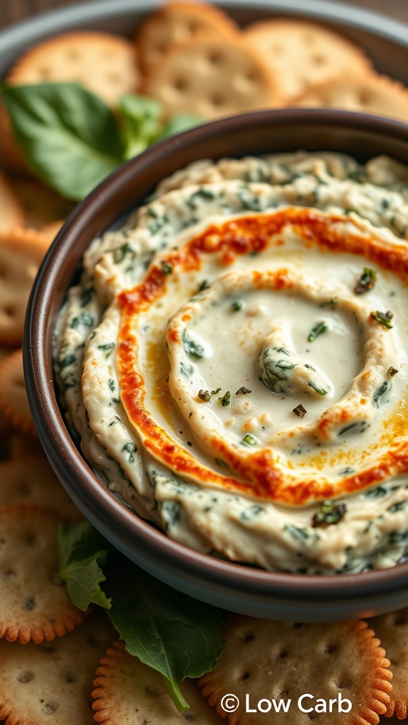 A bowl of creamy spinach artichoke dip surrounded by crackers