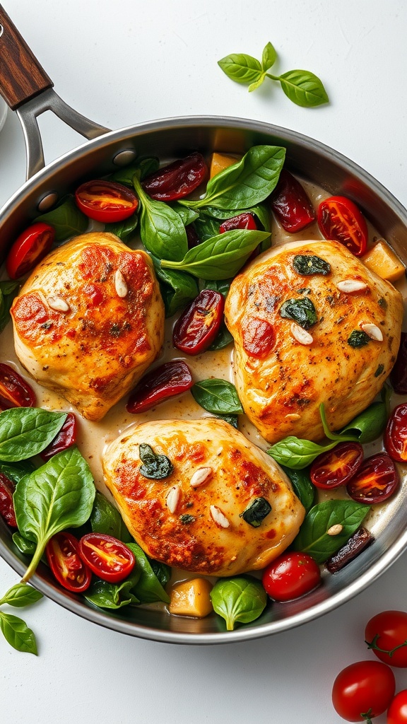 A pan with creamy Tuscan chicken thighs, spinach, and cherry tomatoes.