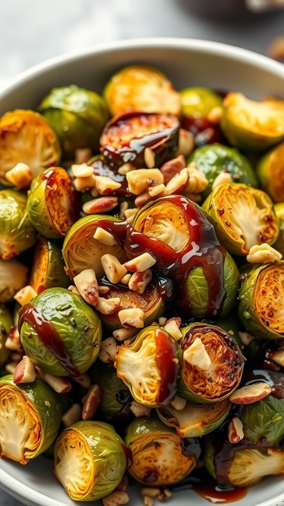 A bowl of crispy Brussels sprouts topped with nuts and balsamic glaze.