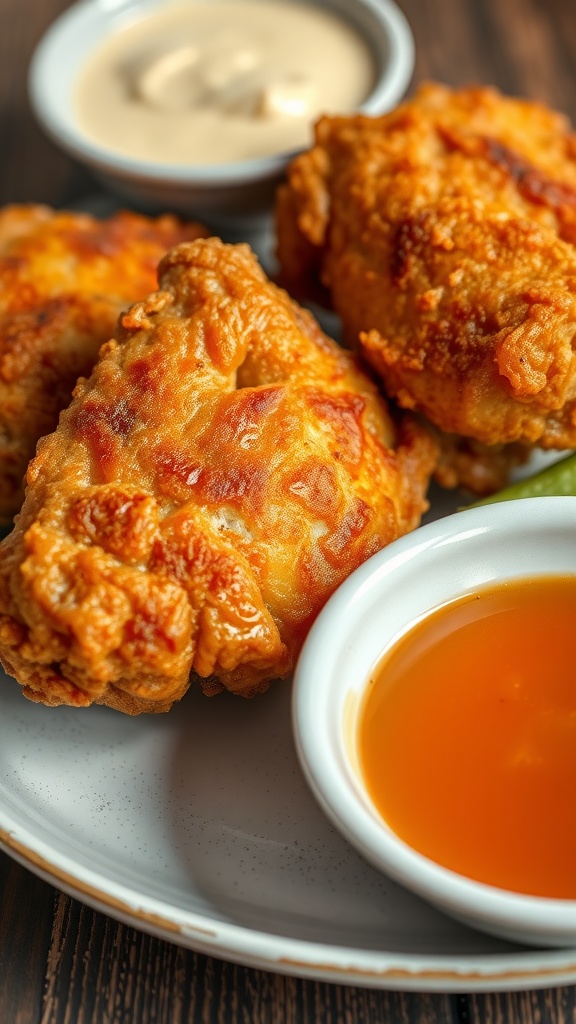 A plate of crispy fried chicken thighs served with dipping sauces.