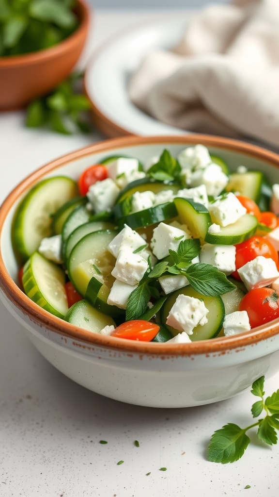A bowl of cucumber and feta salad with fresh herbs
