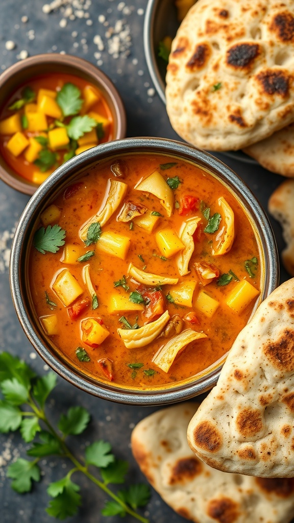 Bowl of curried cabbage soup with vegetables and naan bread on the side