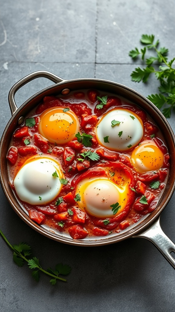 A skillet filled with eggs poached in a rich tomato sauce, garnished with fresh herbs.