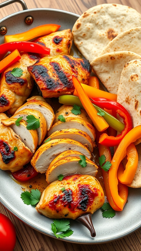 Grilled chicken thighs with bell peppers and tortillas on a plate.