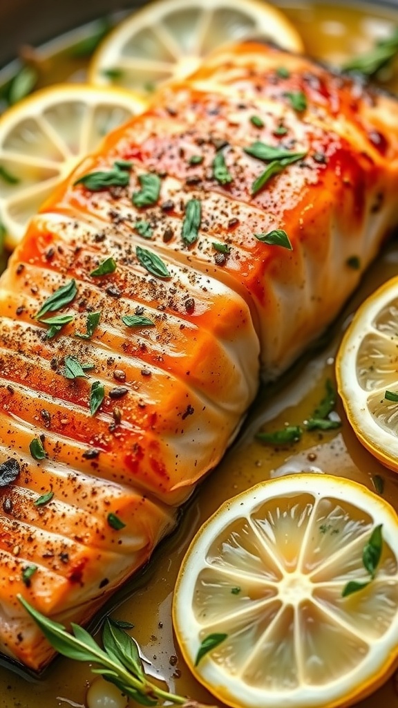 A deliciously baked salmon fillet with garlic butter and lemon slices garnished with herbs