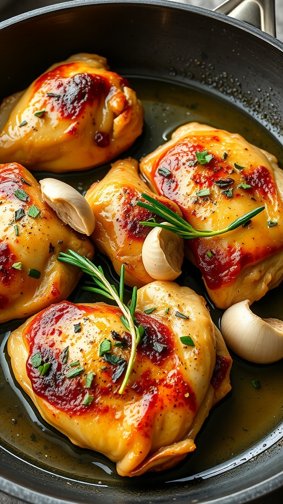 A skillet with juicy garlic butter chicken thighs garnished with fresh herbs.