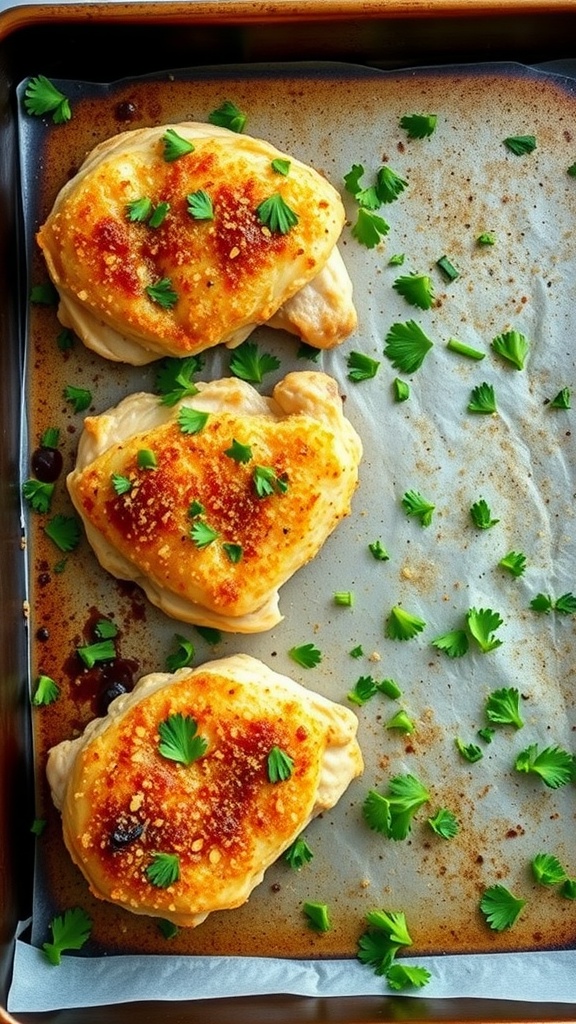 Baked garlic Parmesan chicken thighs garnished with fresh parsley