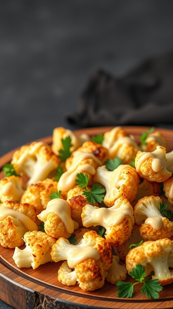 A plate of garlic roasted cauliflower drizzled with tahini and garnished with parsley